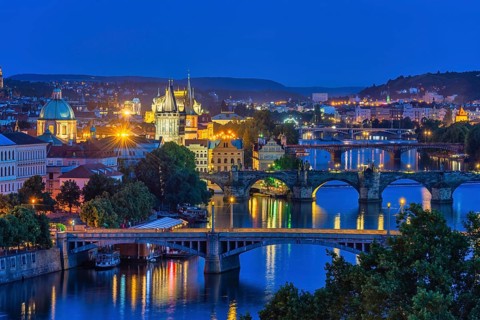 Prague Czech Republic, high angle view night city skyline at Charles Bridge and Vltava River,