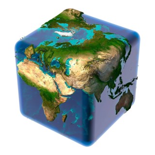 Earth as a cube with translucent body of water and a detailed relief map of the continents and