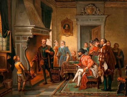 Jakob Fugger burning the debenture bonds of Emperor Charles V at the Fuggers' House, Augsburg,