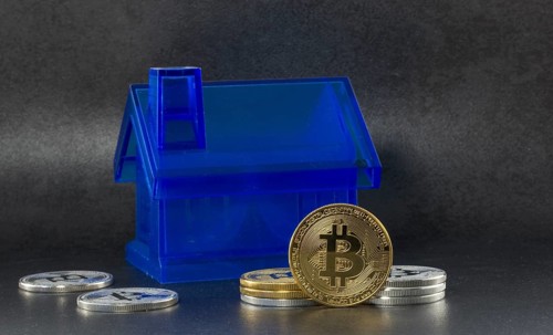 Litecoin and bitcoin for buying a houses with black background with a single litecoin facing the