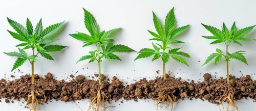 Four small cannabis plants growing in soil on a white background, AI generated