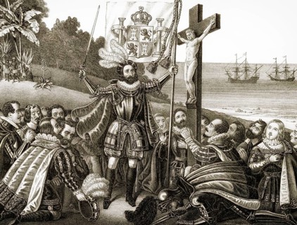 Christopher Columbus landing at San Salvador Island on 12 October 1492, later called Watling