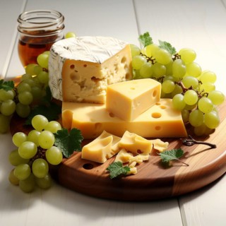 Ai generated, cheese with red wine grapes and sausage on a wooden table
