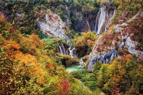 Plitvice Lakes National Park, beautiful autumn landscape with waterfall in Croatia