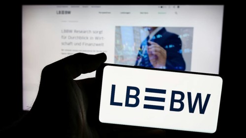 Stuttgart, Germany, 07-15-2024: Person holding mobile phone with logo of German company Landesbank