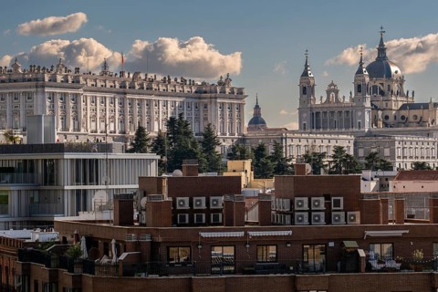 Panoramic of the center of Madrid and in the background the Royal Palace and the Almudena church