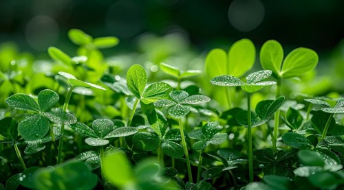 Close-up of dew-covered clovers with a soft-focus background, lentil plants, AI generated