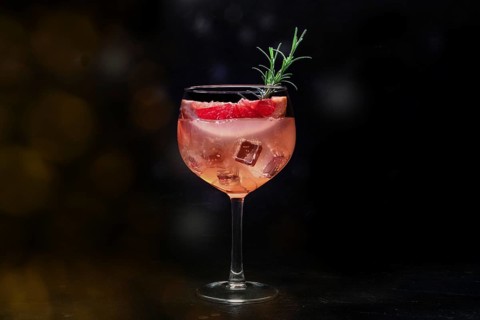 Fancy cocktail with fresh fruit. Gin and tonic drink with ice at a party, on a black background.