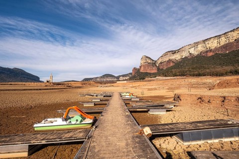 Dock on dry land at the Panta de Sau reservoir with water four percent of its capacity in the worst