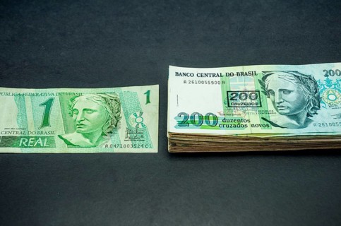 Stack of money, concept of inflation, currency conversion. Brazilian currency, Real for Cruizeiros