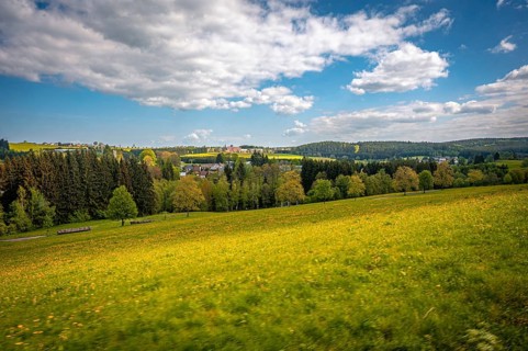 View over forest and meadow in Vogtland, Schönheide, Saxony, Germany, Europe