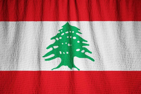 Closeup of Ruffled Lebanon Flag, Lebanon Flag Blowing in Wind