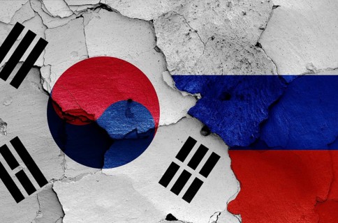 Flags of South Korea and Russia painted on cracked wall