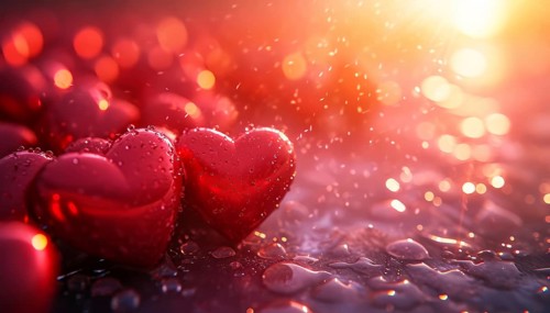 Close-up of shiny red hearts with water droplets, emphasizing love and romance and St valentine, AI