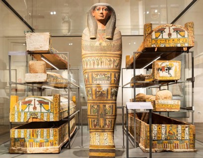 Turin, Italy, June 2022: Egyptian Museum, the Three Systers mummies room, 772, 664 BC. Egyptian