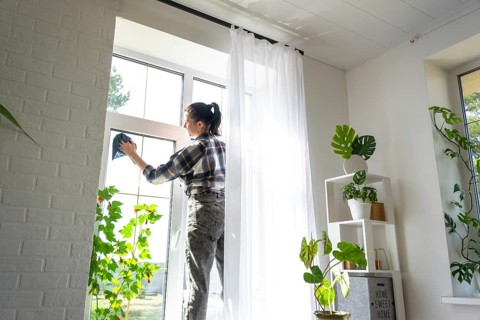 Woman manually washes the window of the house with a rag with spray cleaner and mop inside the