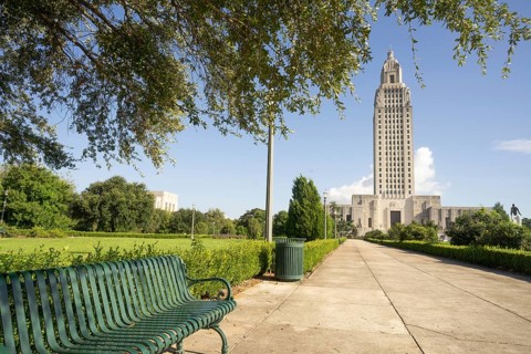 A horizontal composition of the front entrance area at the State Capital Building Baton Rouge