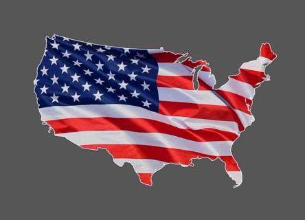Map, outline of United States of America designed with national flag