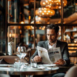 A man in a modern restaurant concentrates on reading a newspaper, Ai, generated, AI generated, AI