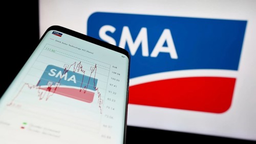Stuttgart, Germany, 08-21-2023: Mobile phone with website of German company SMA Solar Technology AG