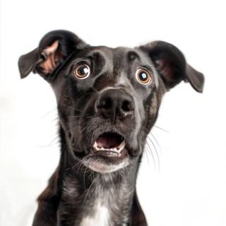 A black and white dog with an expectant look and open mouth, surprised, advertising, special offer,
