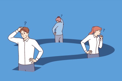 Confused business people are standing inside big question trying to find way out of deadlock.
