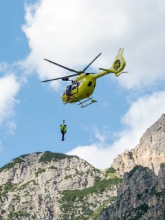 Fiames, Cortina d'Ampezzo, Dolomites, Italy, July, 6, 2022 : Helicopter Rescue Service. Medical