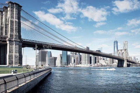 picture of the skyline from new york with the brooklyn bridge in front