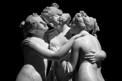 Milan, Italy - June 2020: Antonio Canova?s statue The Three Graces (Le tre Grazie). Neoclassical