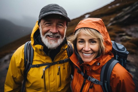 Older couple with grey hair in mackintosh standing happily in open air, Nordic landscape and forest