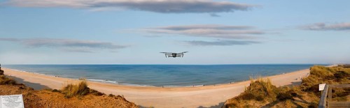 Drone in flight mode on a cliff, Sylt, Schleswig-Holstein, Germany, Europe