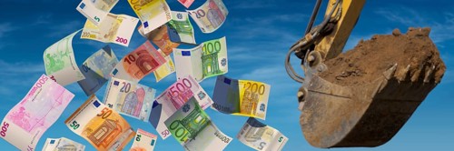 Building-costs - Falling Euro banknotes with excavator shovel and blue sky in background