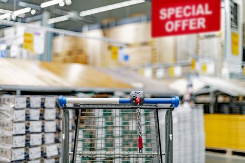 A shopping cart in a home improvement store