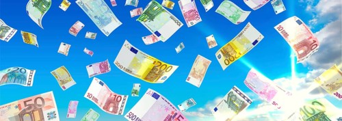 Money rain from the clouds in the sunshine