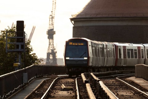 Underground, Hamburger Verkehrsverbund HVV, local transport, railway line in the evening light with