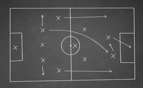 Soccer game strategy drawn with white chalk on a blackboard