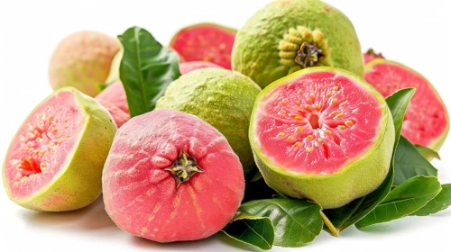 Pile of pink and green guavas with leaves, some cut open, AI generated