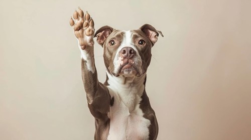 Mixed color dog with a raised paw against a light background, AI generated