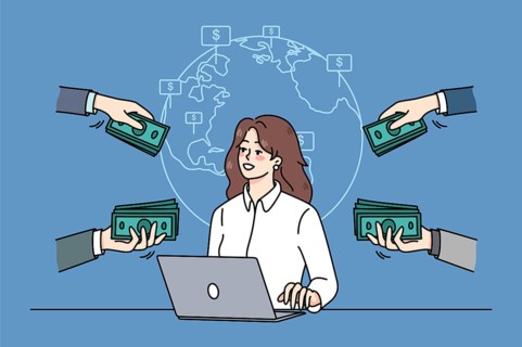 Successful businesswoman work online on computer get contracts around the world. Female freelancer