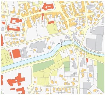 Imaginary cadastral map of an area with buildings and streets