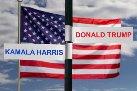Symbolic image presidential election USA 2024: Sign with the names of Kamala Harris and Donald