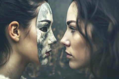 Two faces, one with a mask, close to each other, symbol of self-recognition, psychological