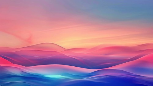 Tranquil abstract hilly landscape with pastel gradients of purple, blue, and red, evoking twilight