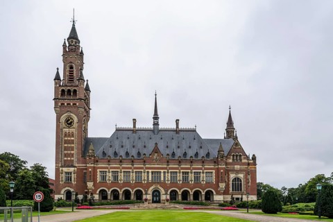 The Hague, The Netherlands, August 7, 2016: The Peace Palace a cloudy day of summer. It is an