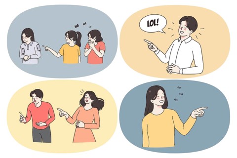 Having fun and laughing concept. Set of young positive people smiling pointing with fingers