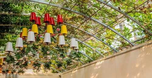 Flowers growing upside down in colorful pots hanging from metal frame roof, South Korea, South