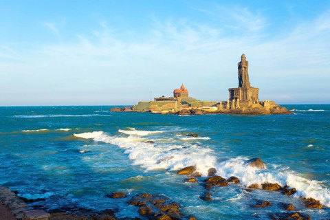 Vivekananda Rock is home to a memorial and neighboring island Thiruvalluvar Statue off the coast of