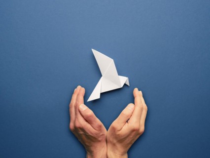 Hands protecting an origami peace dove on a blue paper background, freedom concept