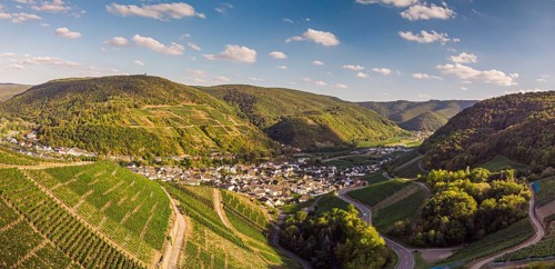 Aerial view of the Ahr valley on a sunny summer day on the red wine hiking trail