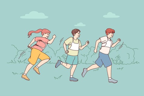 Happy children running outdoors on marathon. Smiling kids jog participate in run competition. Sport
